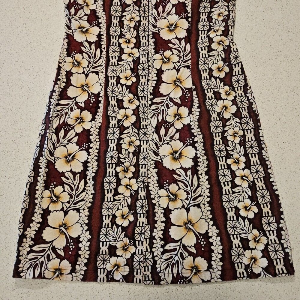 Hawaiian Flavor Tapa Cloth Print Dress M Brown Handmade Sleeveless Cotton Floral - Picture 9 of 16